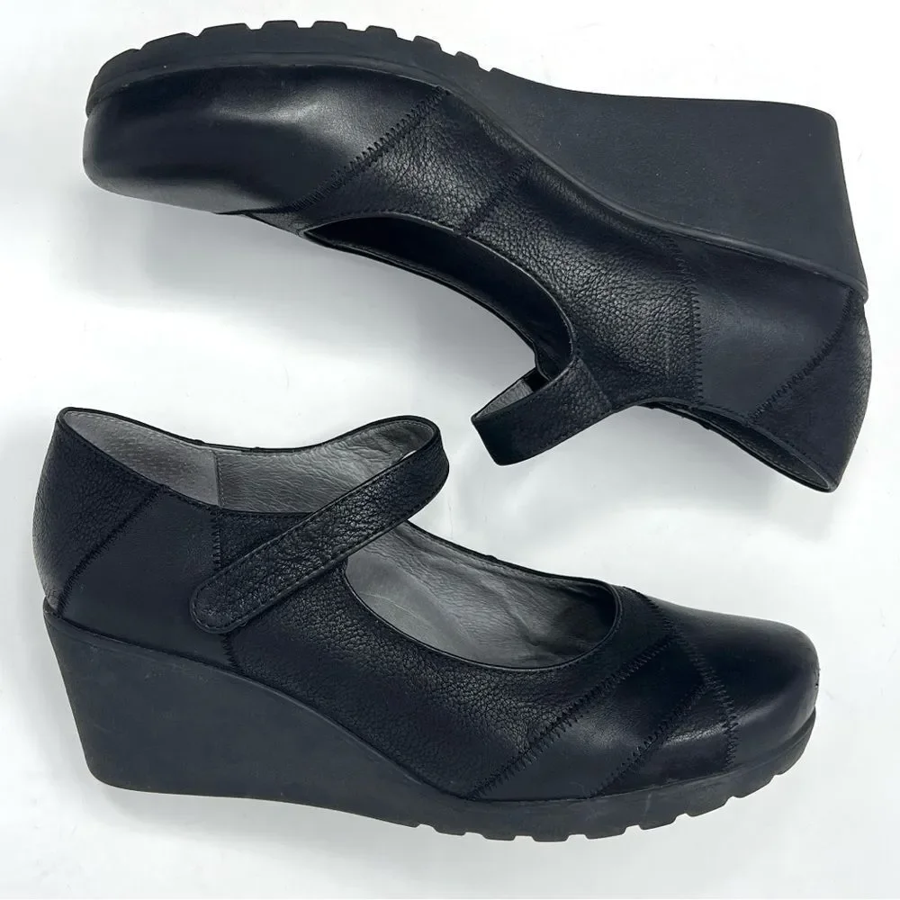 ABEO BIO System Ginger Mary Jane Black Leather Wedges Hook & Loop Closure 8.5N